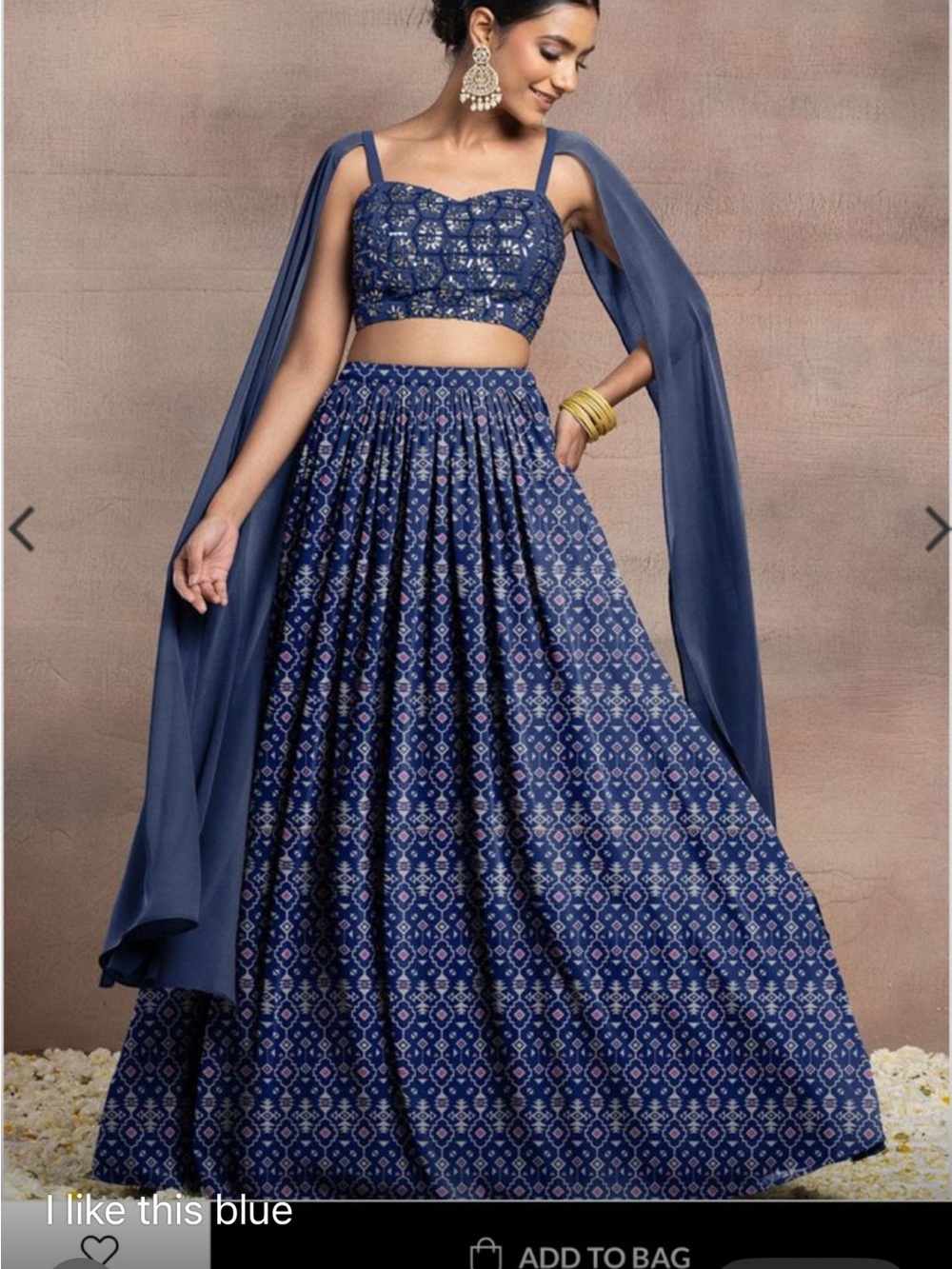 Blue Printed Maxi Skirt with Matching Crop Top and Dupatta